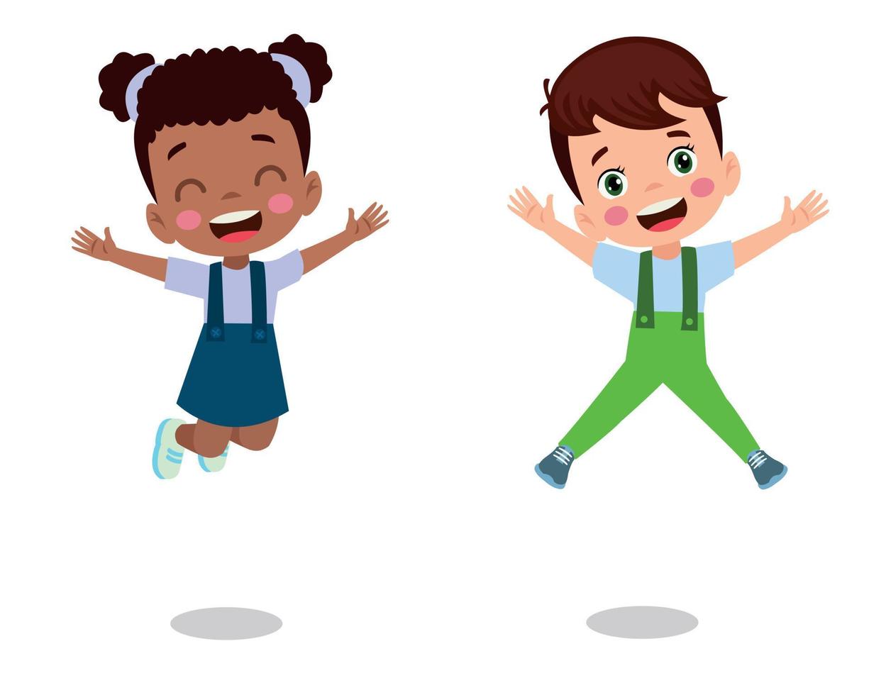 salto bambini. contento divertente bambini giocando e salto nel diverso azione pose formazione scolastica poco squadra vettore personaggi. illustrazione di bambini e bambini divertimento e Sorridi