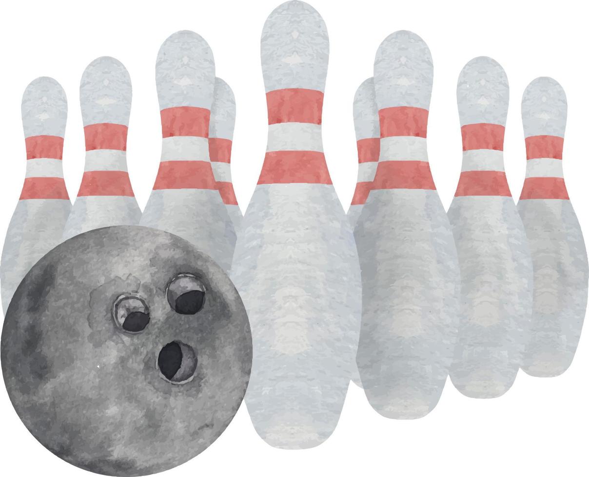 acquerello bowling nero palla e perni illustrazione isolato su bianca sfondo vettore