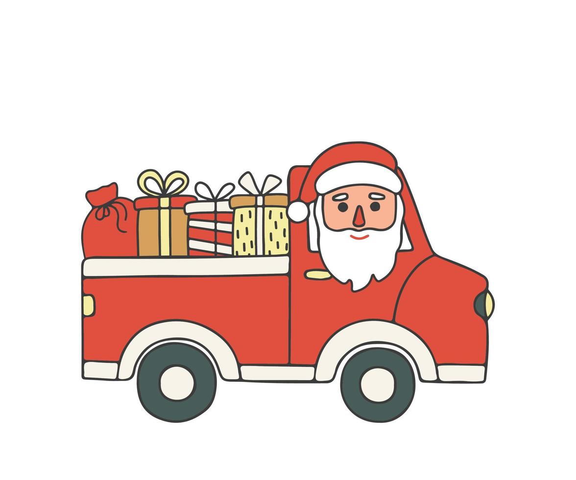 Santa Claus mezzi di trasporto regalo scatola su auto Raccogliere, scarabocchio stile. mano disegnato tradizionale personaggio nel inverno vacanza stagione, presente consegna. vettore illustrazione