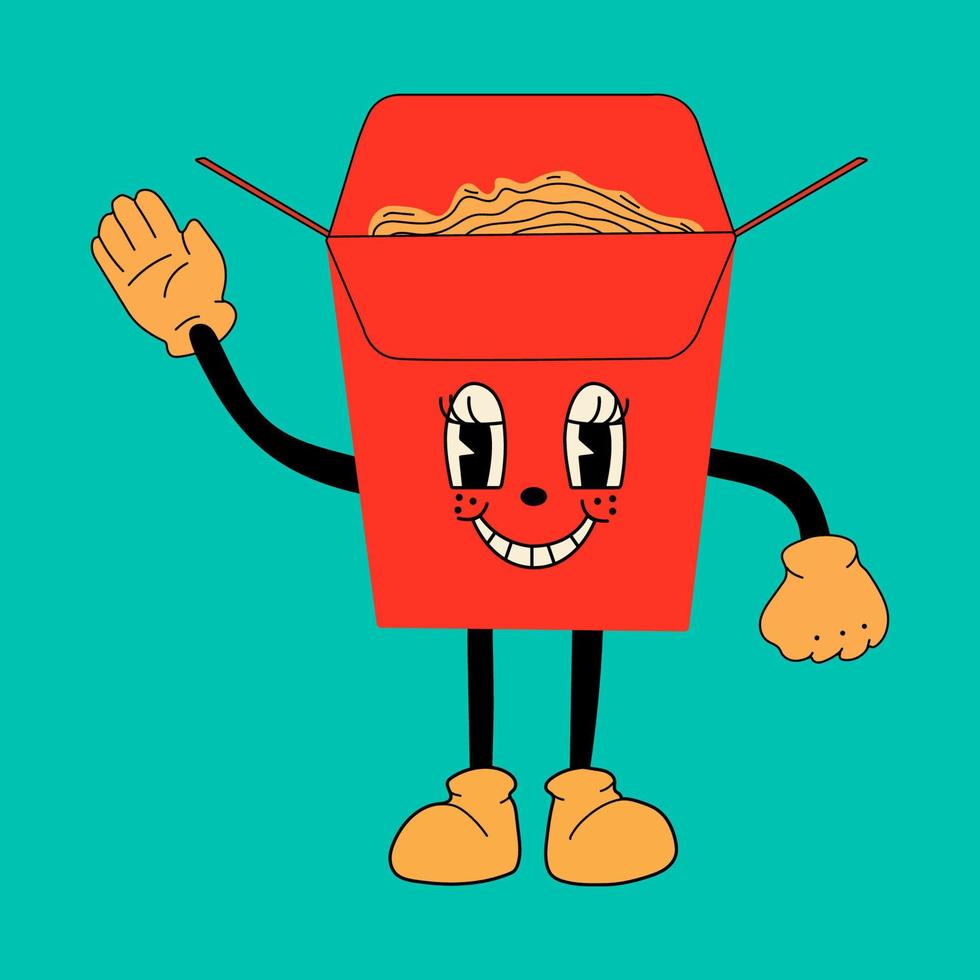 asiatico wok scatola con ramen tagliatelle. carino cartone animato personaggio con mani, gambe, occhi. retrò comico stile. mano disegnato isolato vettore illustrazione. Stampa, logo modello