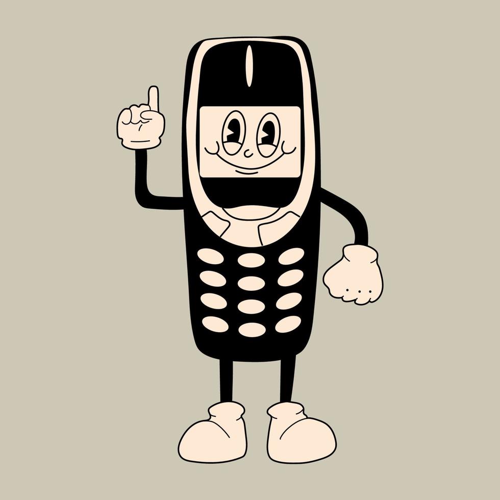 vecchio Telefono. carino cartone animato personaggio con mani, gambe, occhi. retrò comico stile. mano disegnato isolato vettore illustrazione. Stampa, logo modello