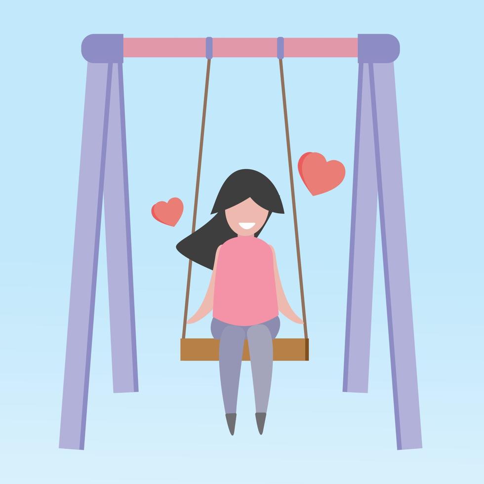 swing vettore di gioioso bello ragazza o donna o femmina sedersi su su swing nel umore contento amore cuore. vettore illustrazione swing carta arte amore stile coppia concetto per San Valentino giorno o in linea acquisti.