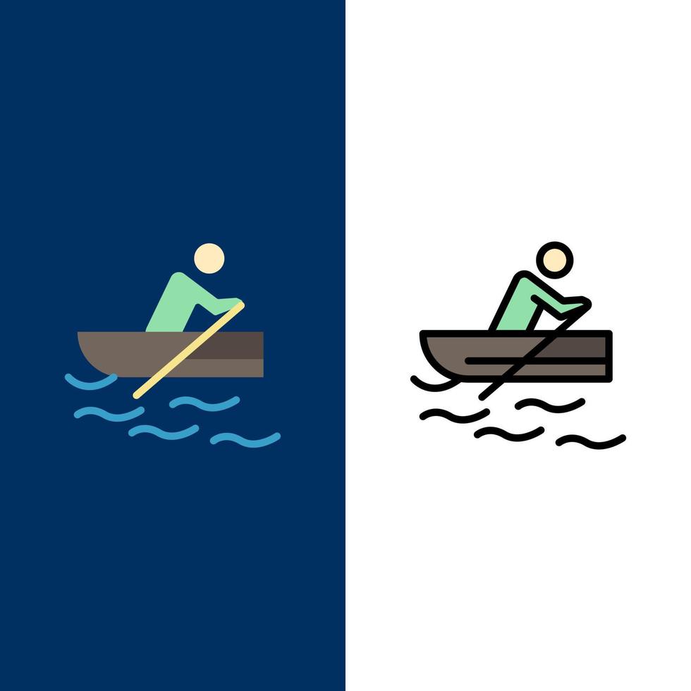 barca canottaggio formazione acqua icone piatto e linea pieno icona impostato vettore blu sfondo
