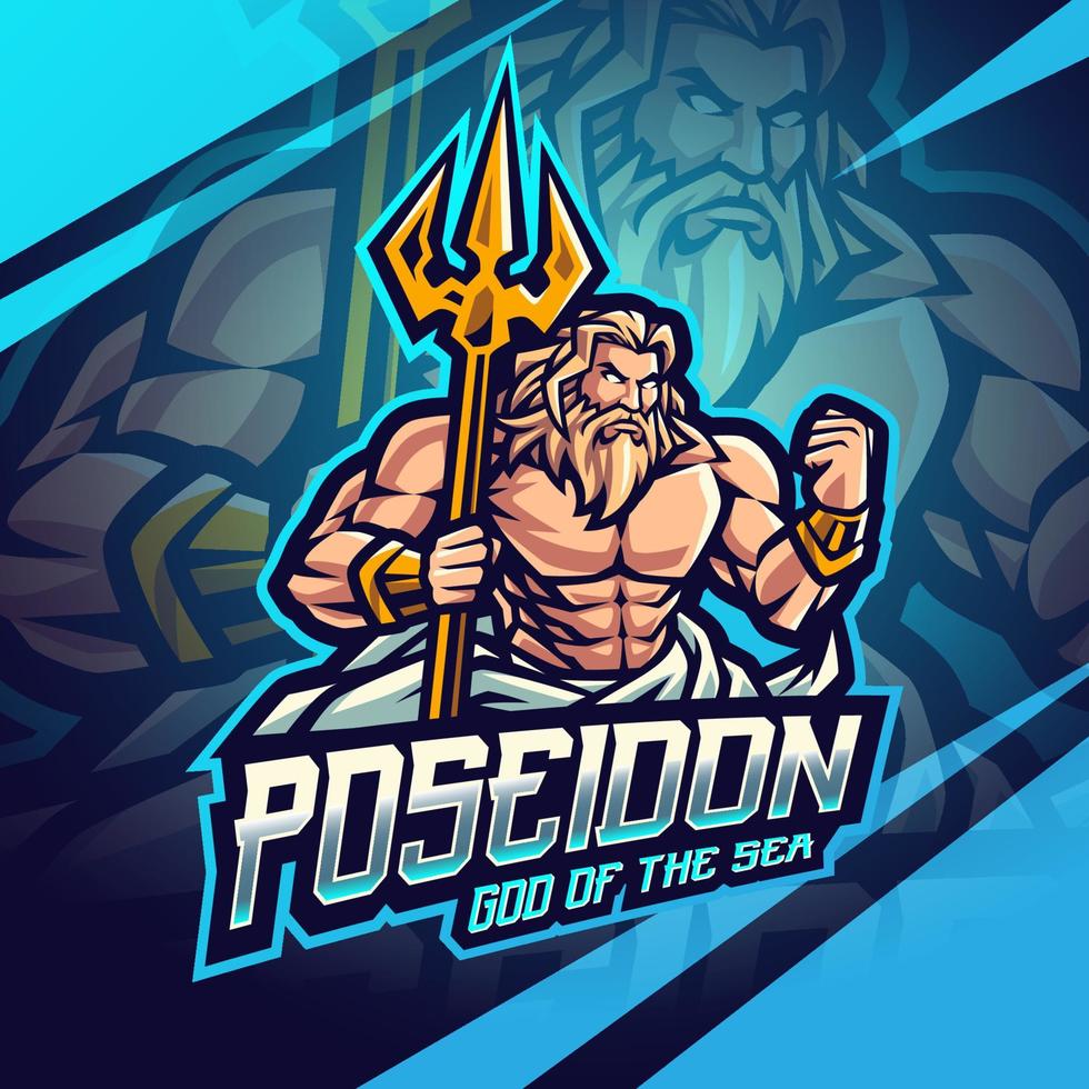 poseidon esport mascot logo design con arma tridente vettore