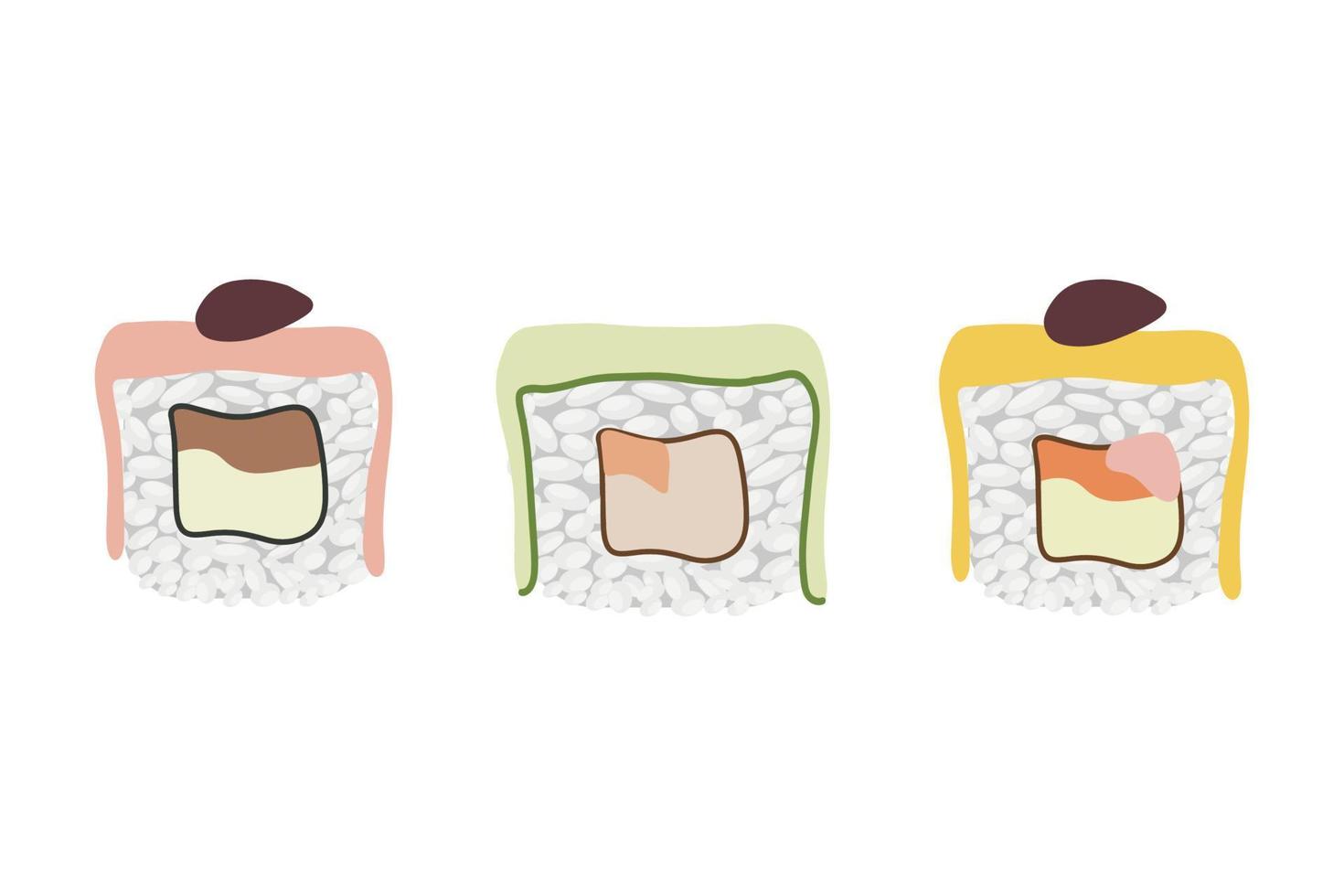 vettore icona impostato di delizioso colorato Sushi rotoli. collezione di diverso sapori e tipi. tradizionale giapponese cibo. asiatico frutti di mare gruppo. modello per Sushi ristorante, bar, consegna o il tuo attività commerciale