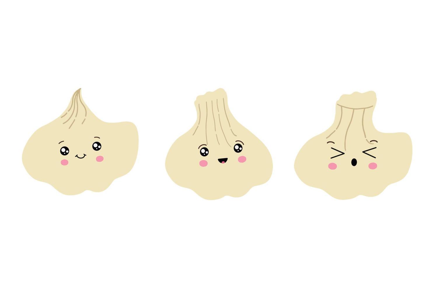 un' impostato di carino Ravioli nel il stile di kawaii. vettore illustrazione di asiatico cucina