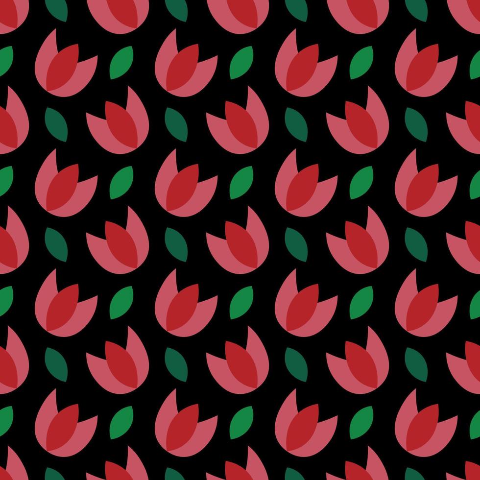 senza soluzione di continuità floreale modello su nero sfondo. vettore tulipani e le foglie. di moda botanico illustrazione. astratto Stampa con piccolo rosso tulipani.