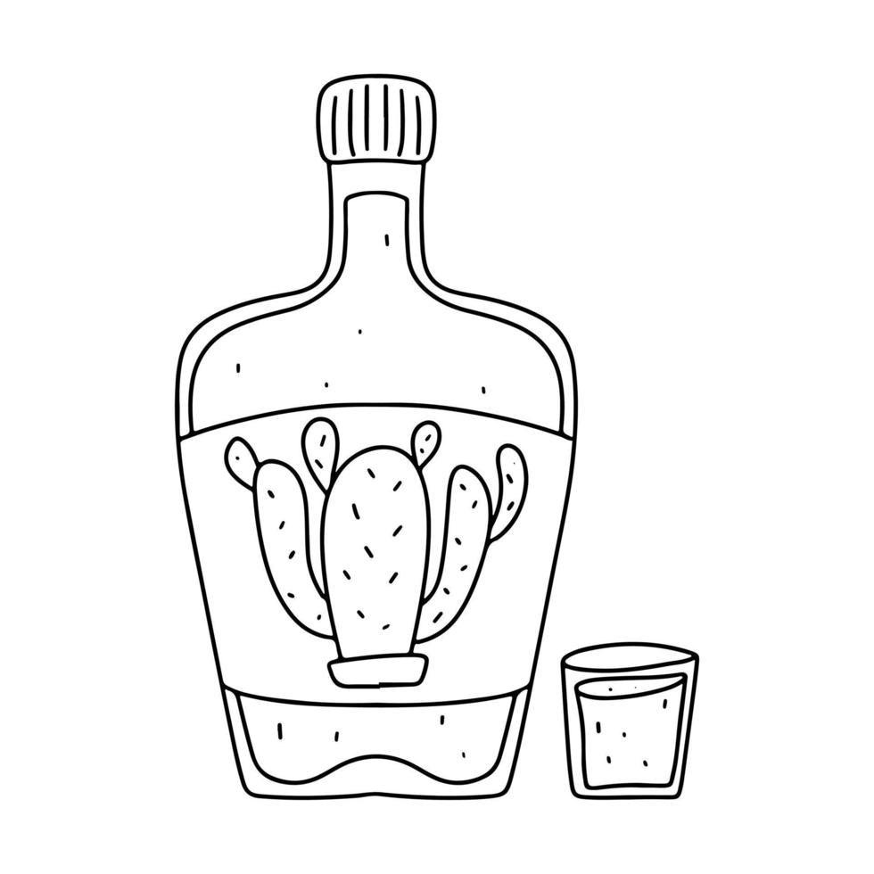 Tequila nel bottiglia nel mano disegnato scarabocchio stile. messicano tradizionale bere. latino americano bevanda vettore illustrazione.