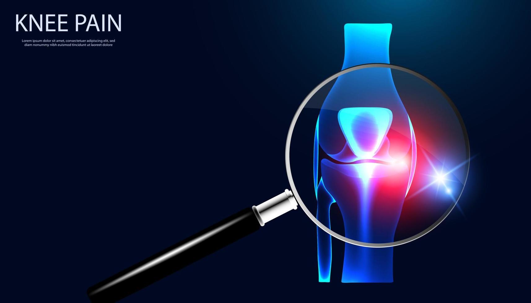 astratto ingrandimento bicchiere. osso, ginocchio parte anatomia raggi X modello mostrando ginocchio infortunio con rosso luce. per inserzione testo, articoli o modelli. vettore