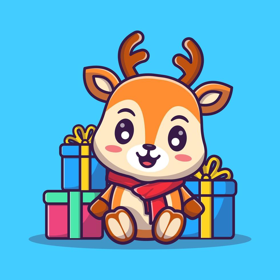 carino cervo e regalo scatola Natale, per il nuovo anno e per Natale cartone animato illustrazione. vettore