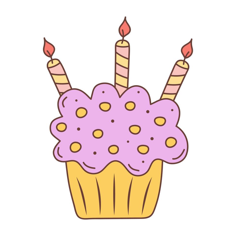 Cupcake con candele isolato su bianca sfondo. compleanno, celebrazione, vacanza, festa concetto. mano disegnato scarabocchio illustrazione. vettore