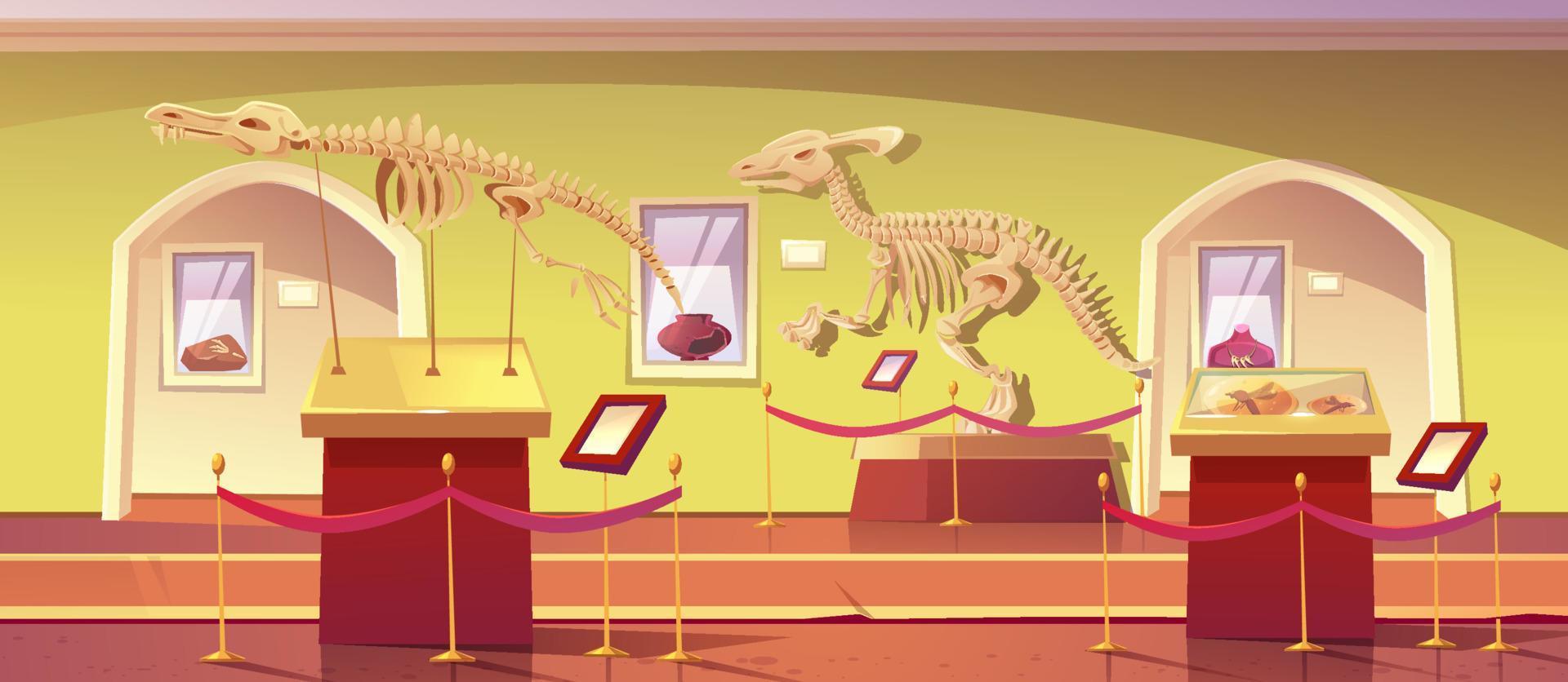 Museo di storia con dinosauro scheletro artefatti vettore