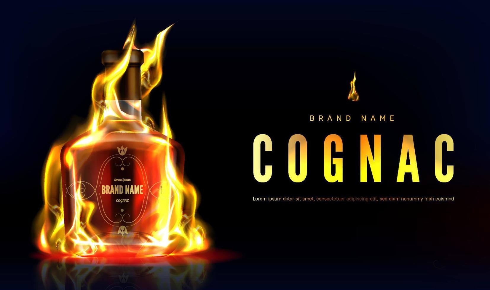 Cognac bottiglia nel fuoco pubblicità promo bandiera vettore