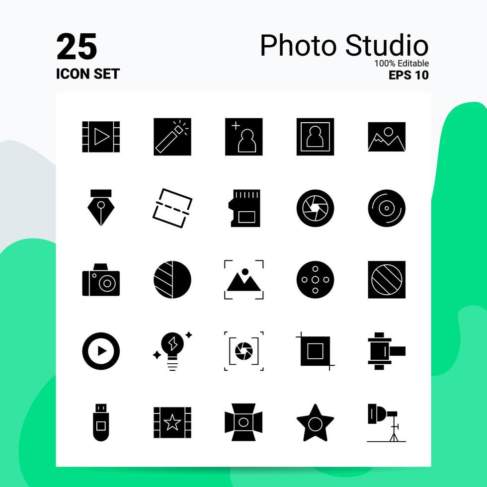 25 foto studio icona impostato 100 modificabile eps 10 File attività commerciale logo concetto idee solido glifo icona design vettore