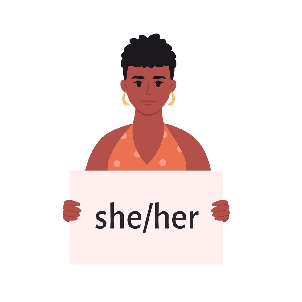 giovane nero donna Tenere cartello con Genere pronome. lei, lui, essi, non binario. genere neutro movimento. LGBTQ Comunità vettore