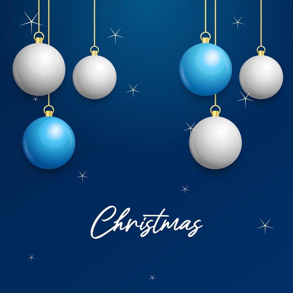 Natale blu sfondo con sospeso splendente bianca e argento palle. allegro Natale saluto carta vettore