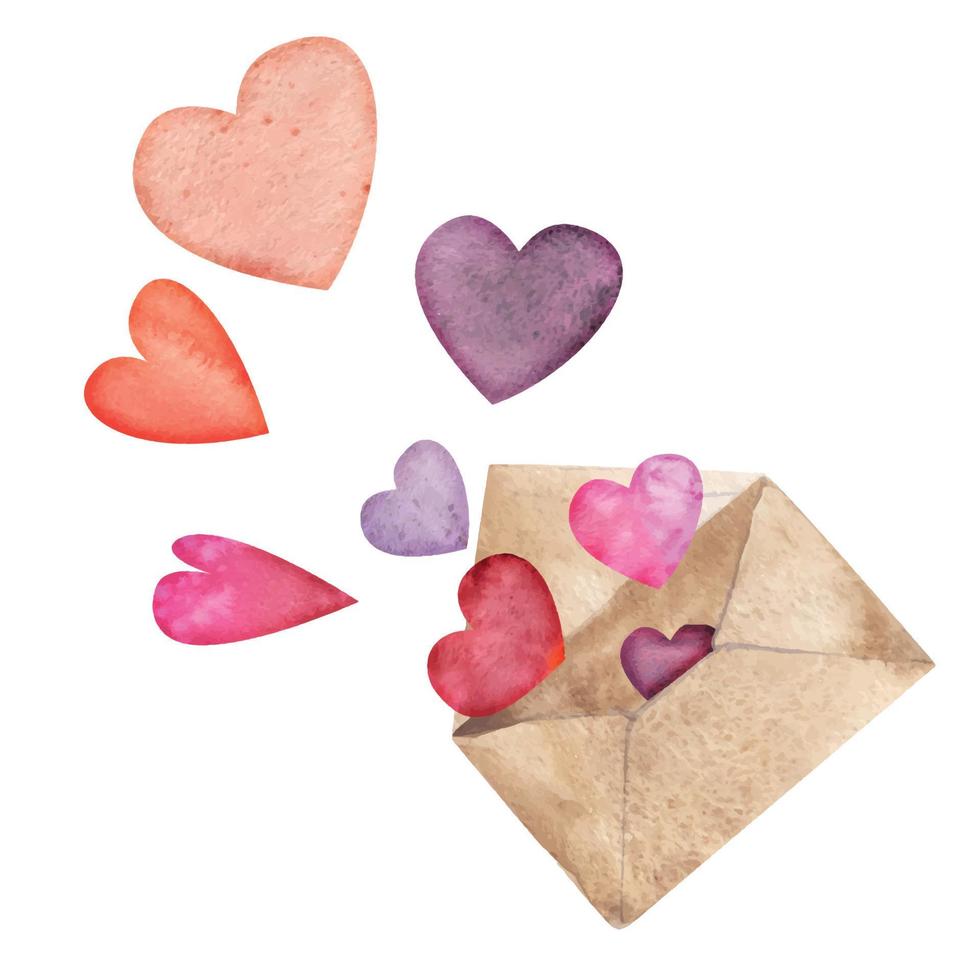 acquerello mano disegnato composizione con rosso e viola cuori e Busta per San Valentino giorno. isolato su bianca sfondo. design per carta, amore, saluto carte, tessile, Stampa, sfondo, nozze vettore