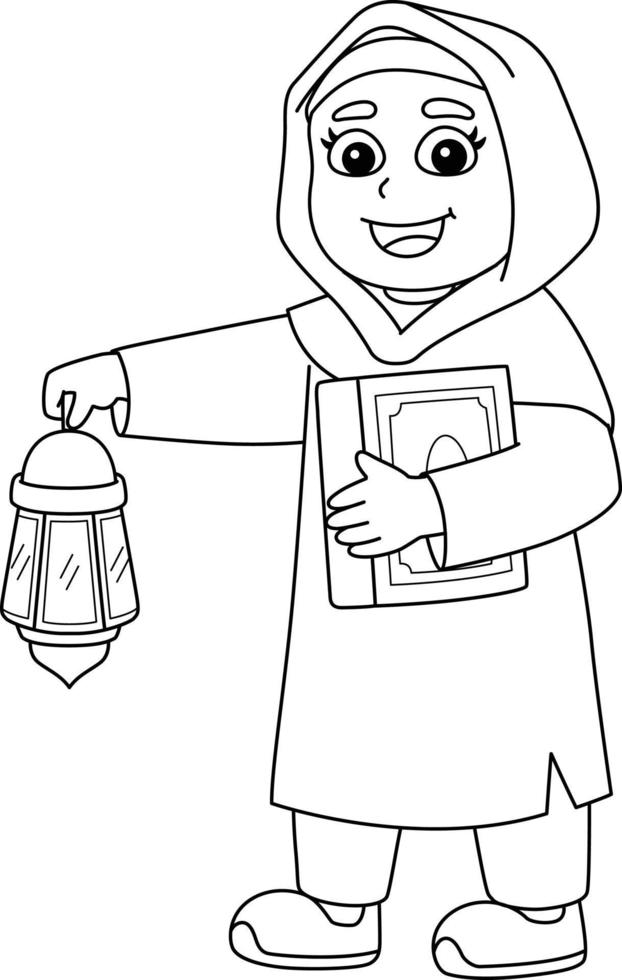 Ramadan musulmano ragazza con corano, lanterna isolato vettore