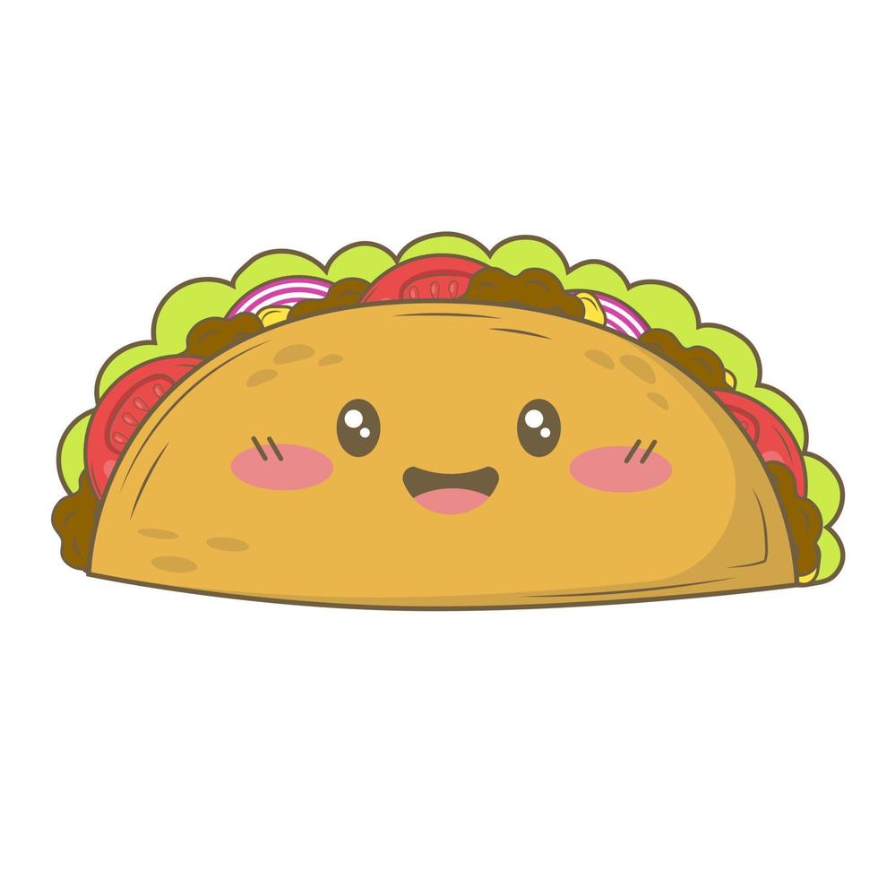 kawaii cartone animato messicano piatto taco Mais tortilla con verdure e tritato carne isolato su bianca sfondo vettore