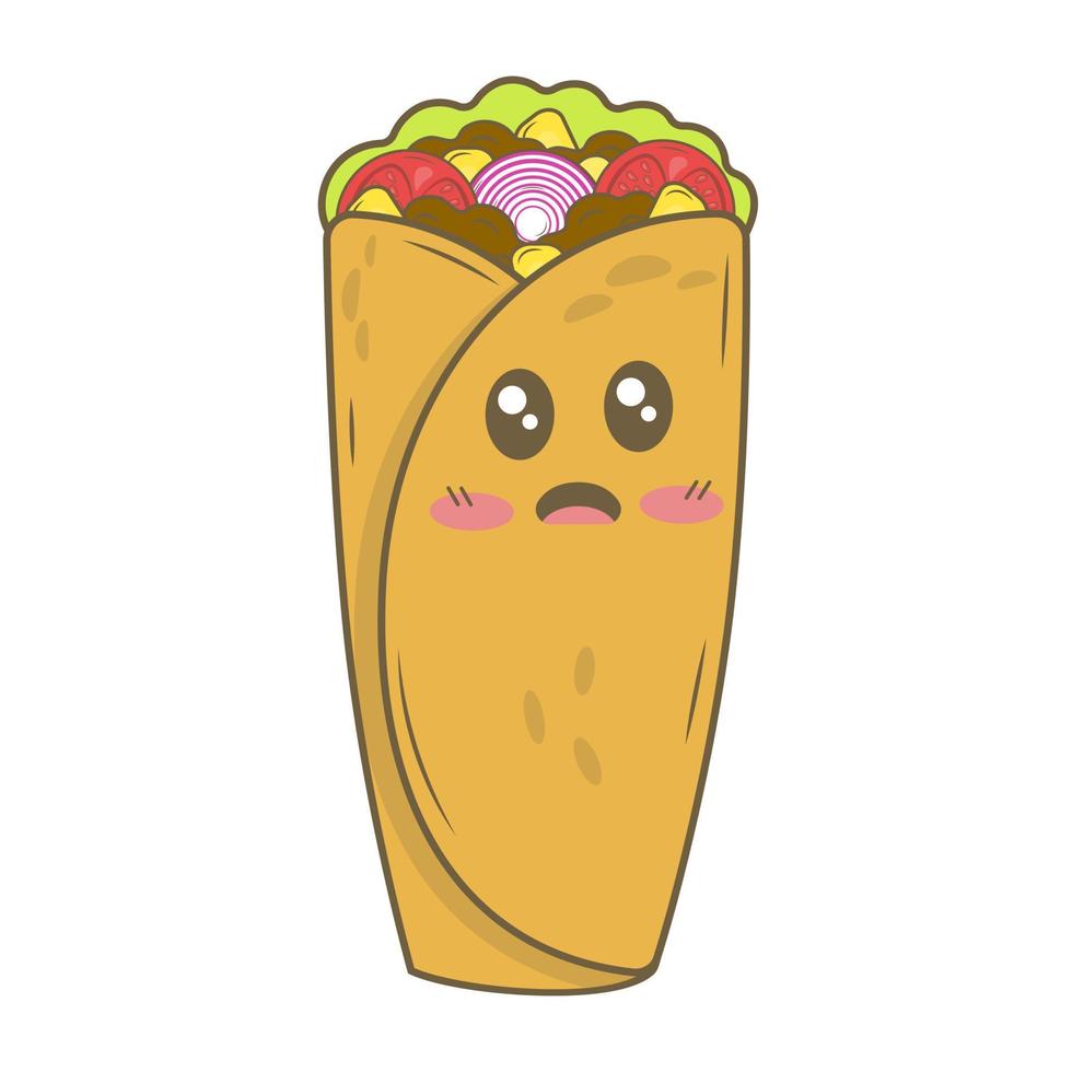 kawaii cartone animato messicano burrito piatto isolato su bianca sfondo vettore