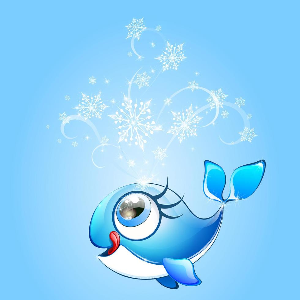 carino isolato divertente cartone animato balena ragazza con Fontana di i fiocchi di neve e leccata labbra. primavera inverno concetto. vettore