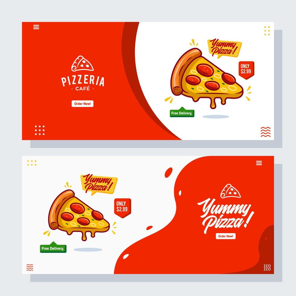 pizza pizzeria volantino vettore set raccolta cartone animato banner web ui ux ads illustrazione sfondo con icona salsiccia, promozione per la homepage del sito web