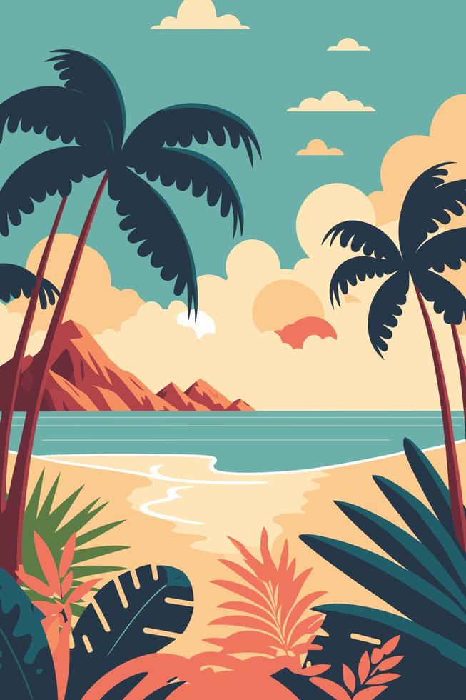 tropicale estate spiaggia oceano tramonto e Alba Visualizza cartone animato vettore illustrazione