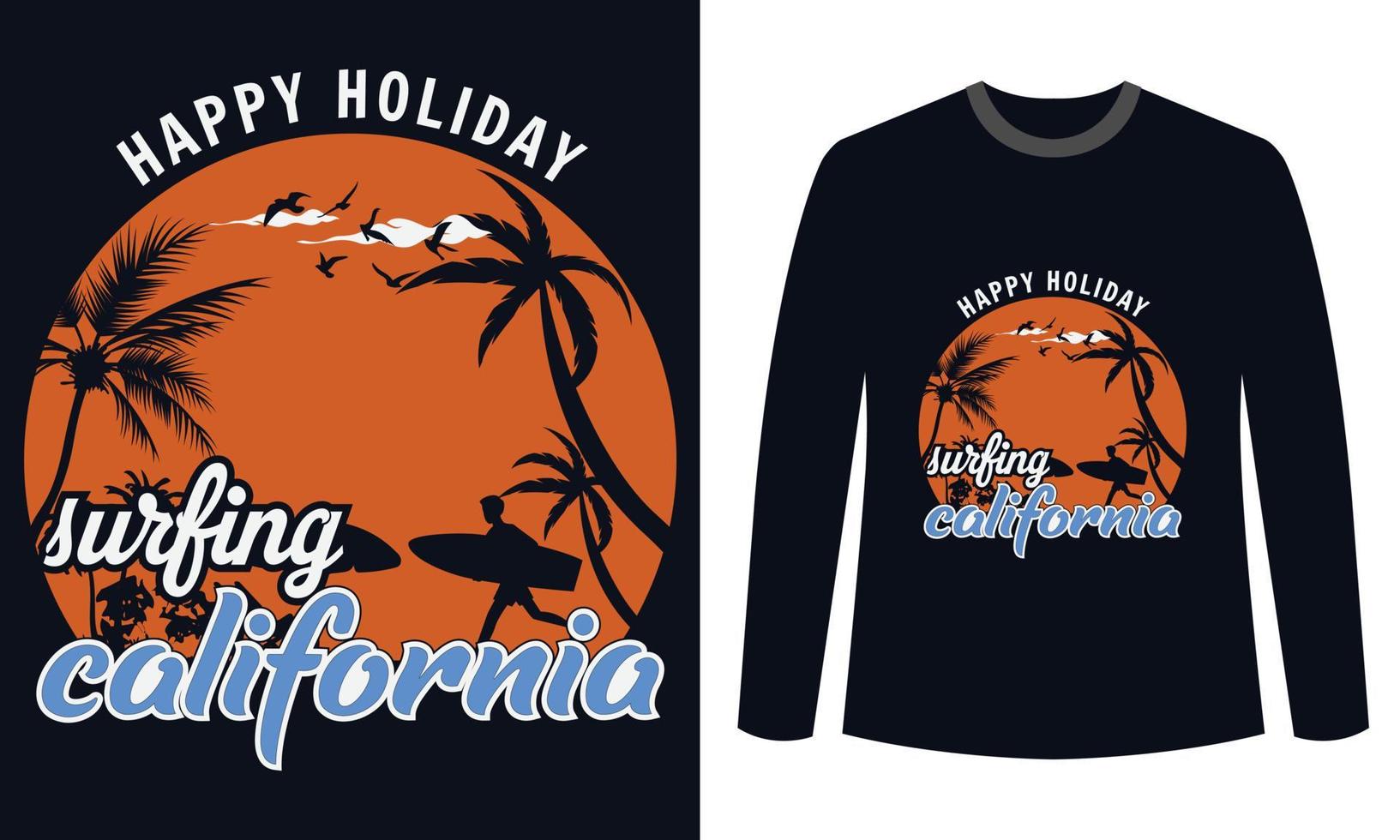 estate magliette design contento vacanza fare surf California vettore