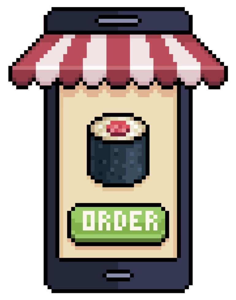 pixel arte mobile Telefono ordinazione Sushi nel cibo App vettore icona per 8 bit gioco su bianca sfondo