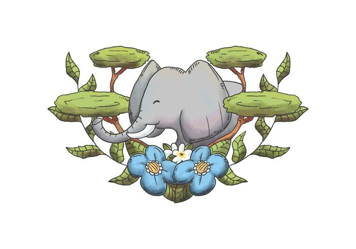 Elefante acquerello con alberi e foglie di animali selvatici vettore