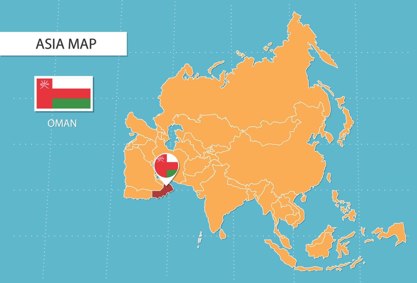 Oman carta geografica nel Asia, icone mostrando Oman Posizione e bandiere. vettore