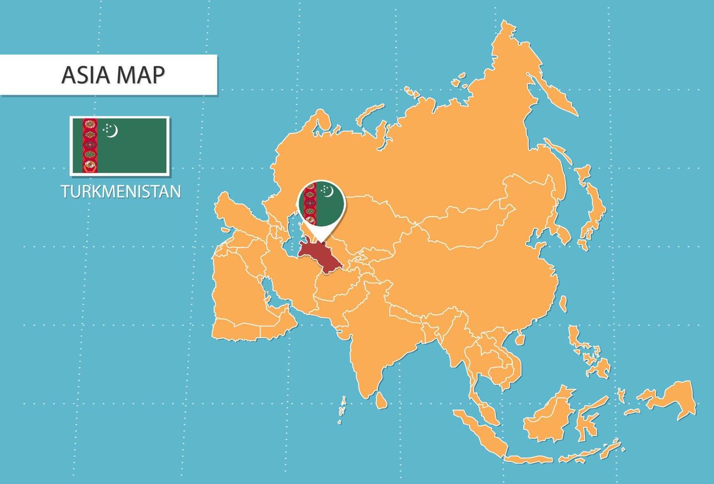 turkmenistan carta geografica nel Asia, icone mostrando turkmenistan Posizione e bandiere. vettore