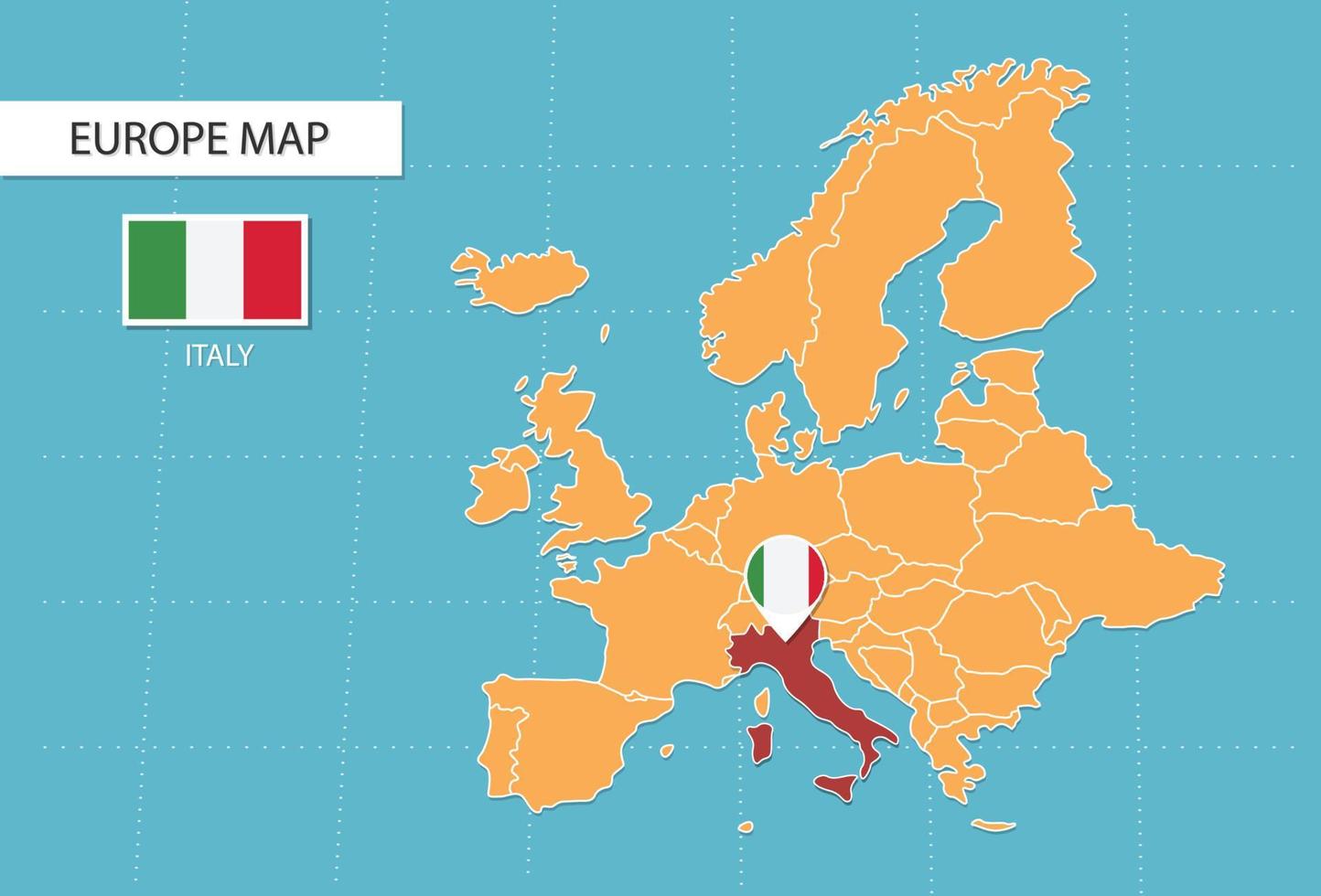 Italia carta geografica nel Europa, icone mostrando Italia Posizione e bandiere. vettore