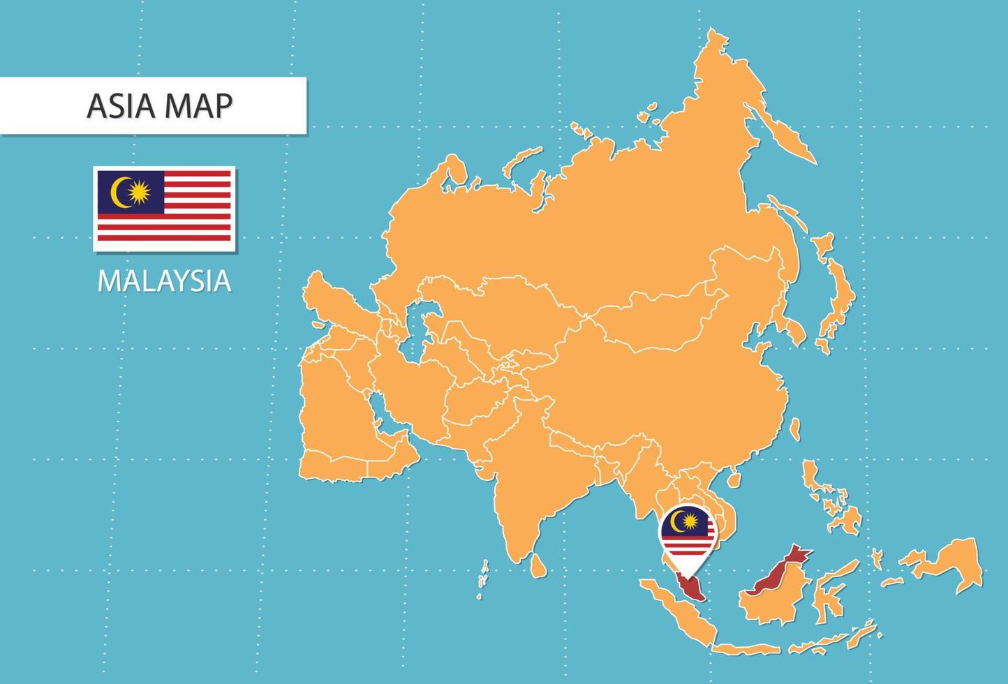 Malaysia carta geografica nel Asia, icone mostrando Malaysia Posizione e bandiere. vettore