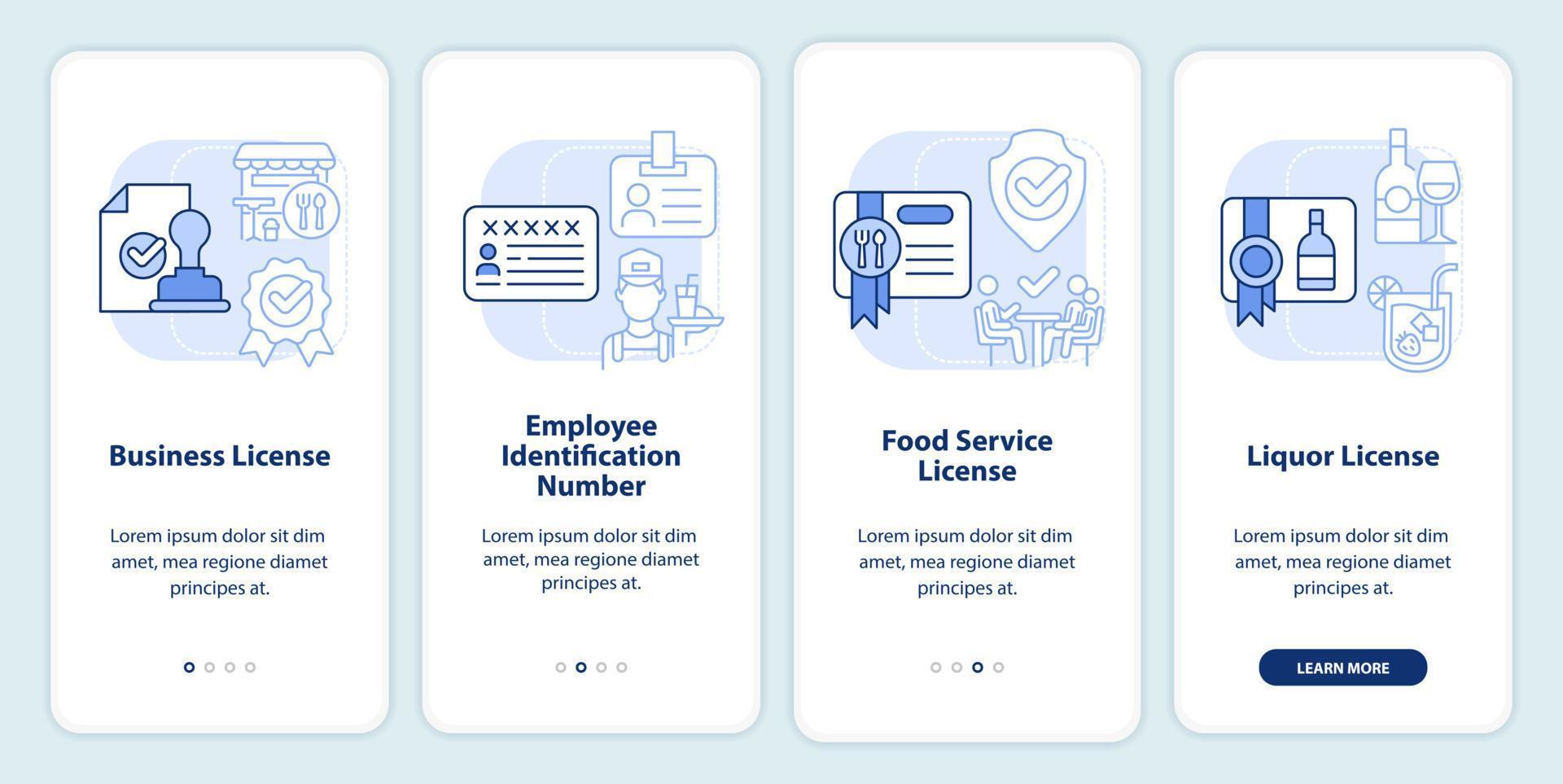 licenze e permessi per cibo servizio leggero blu onboarding mobile App schermo vettore