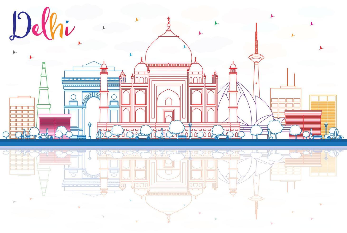 schema delhi orizzonte con colore edifici e riflessi. vettore