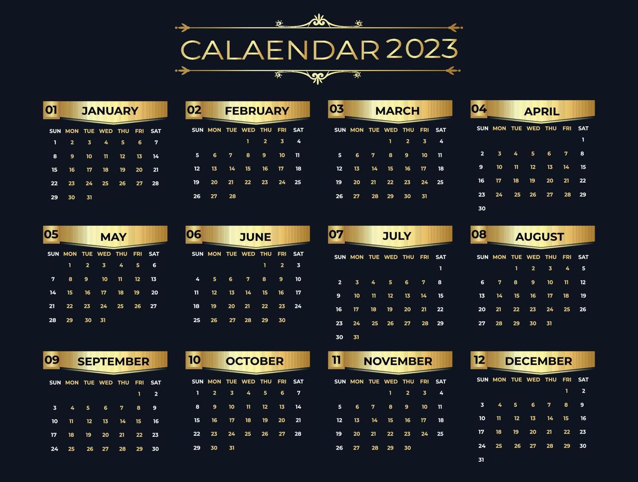 2023 calendario nel elegante d'oro Guarda vettore