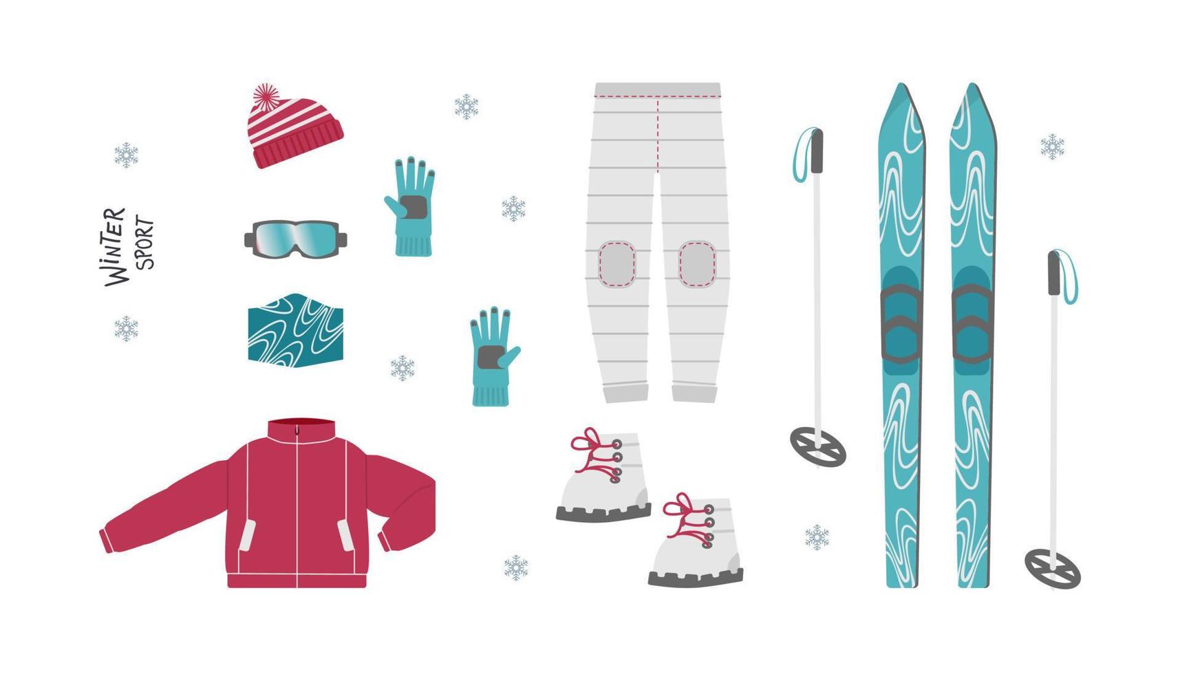 sciare, inverno Abiti e Accessori per attivo stile di vita. neve attività e gli sport capi di abbigliamento vettore illustrazione impostato nel piatto su bianca sfondo