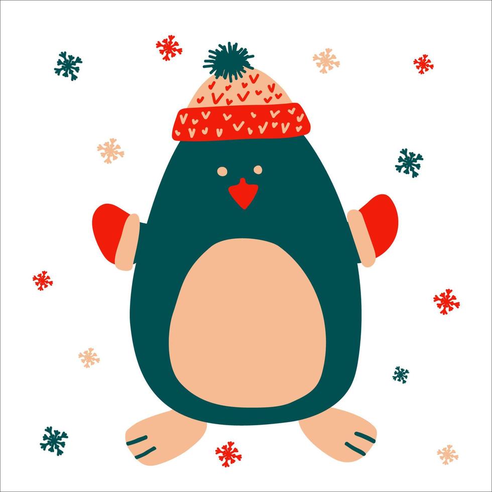 Natale carino pinguino nel un' a maglia cappello e guanti su un' bianca sfondo con i fiocchi di neve nel scandinavo mano disegnato stile. vettore illustrazione, luminosa oggetto. adatto per un' saluto carta o bandiera