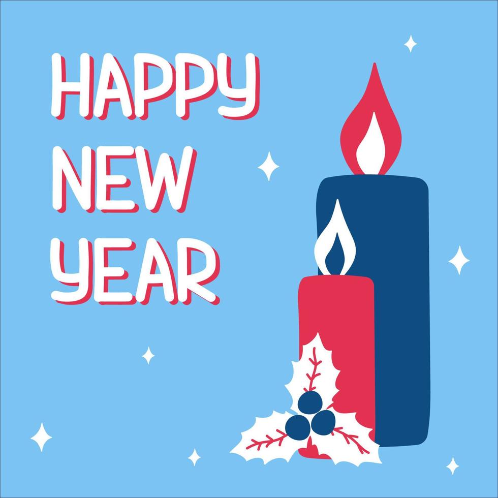 nuovo anno tradizionale candele e vischio nel scandinavo mano disegnato stile con scritta. vettore illustrazione, classico blu colore, piazza formato. adatto per un' saluto carta o bandiera
