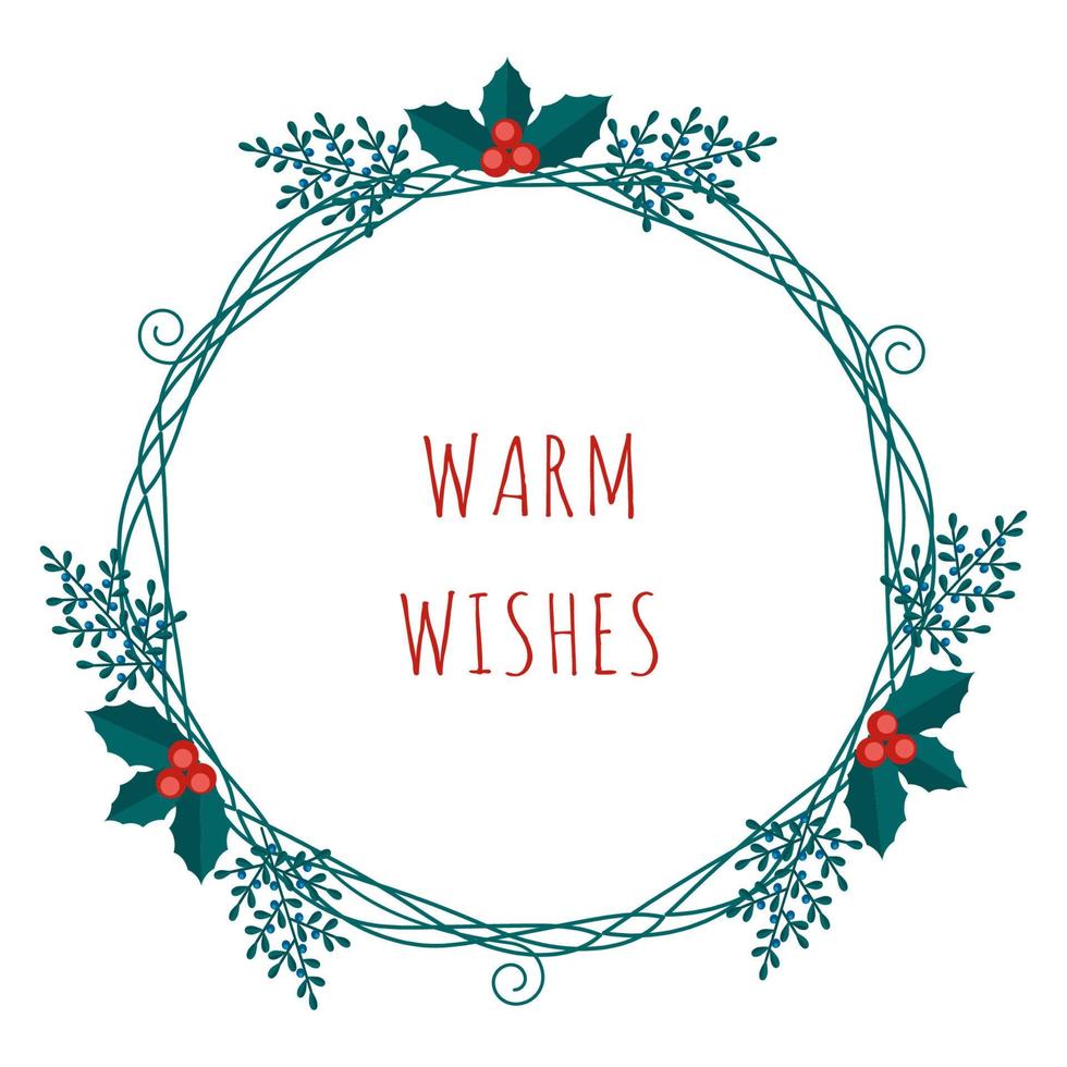 Natale caldo auguri saluto carta con inverno impianti telaio nel il moderno piatto stile. azione vettore illustrazioni con botanico simboli di vacanza - pino, cono, ramo, bacca nel rosso, verde colori.