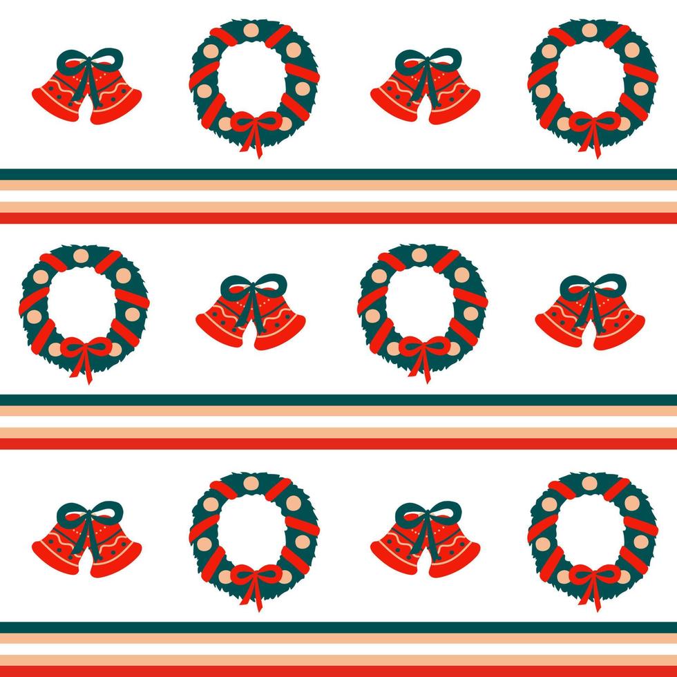Natale senza soluzione di continuità vettore confine modello nel orizzontale strisce di rosso, verde e beige e vacanza simboli - ghirlanda e campane su un' bianca sfondo. Usato per tessuto, involucro carta, sfondo