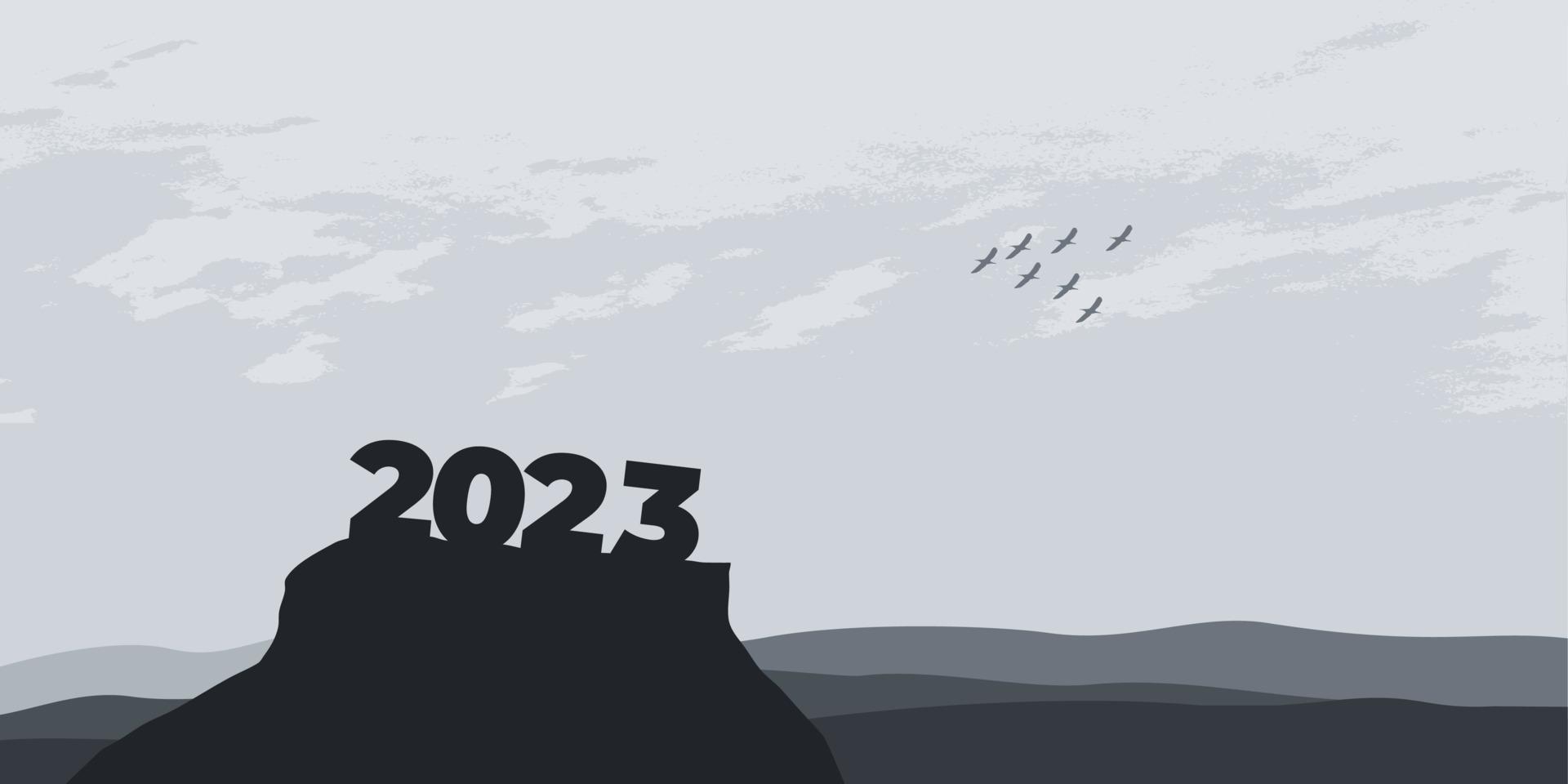 contento nuovo anno 2023 con grande silhouette lettere su il montagna con un' bellissimo tramonto per successo concetto. nuovo anno concetto vettore