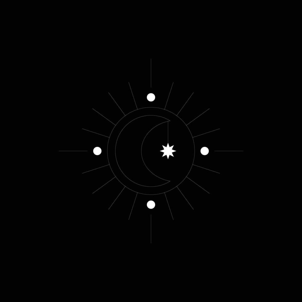 eps10 bianca vettore Luna con sole astratto linea arte icona isolato su nero sfondo. sole raggi schema simbolo nel un' semplice piatto di moda moderno stile per il tuo sito web disegno, logo, e applicazione