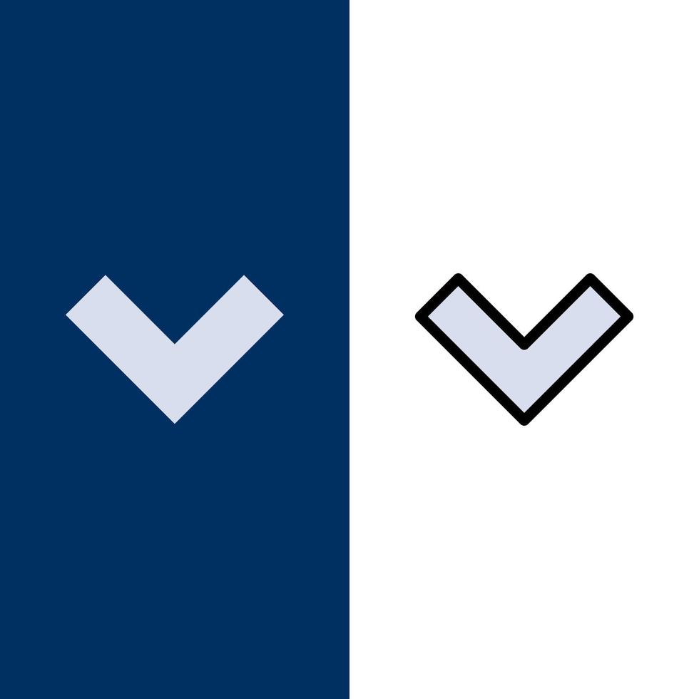 freccia giù indietro icone piatto e linea pieno icona impostato vettore blu sfondo