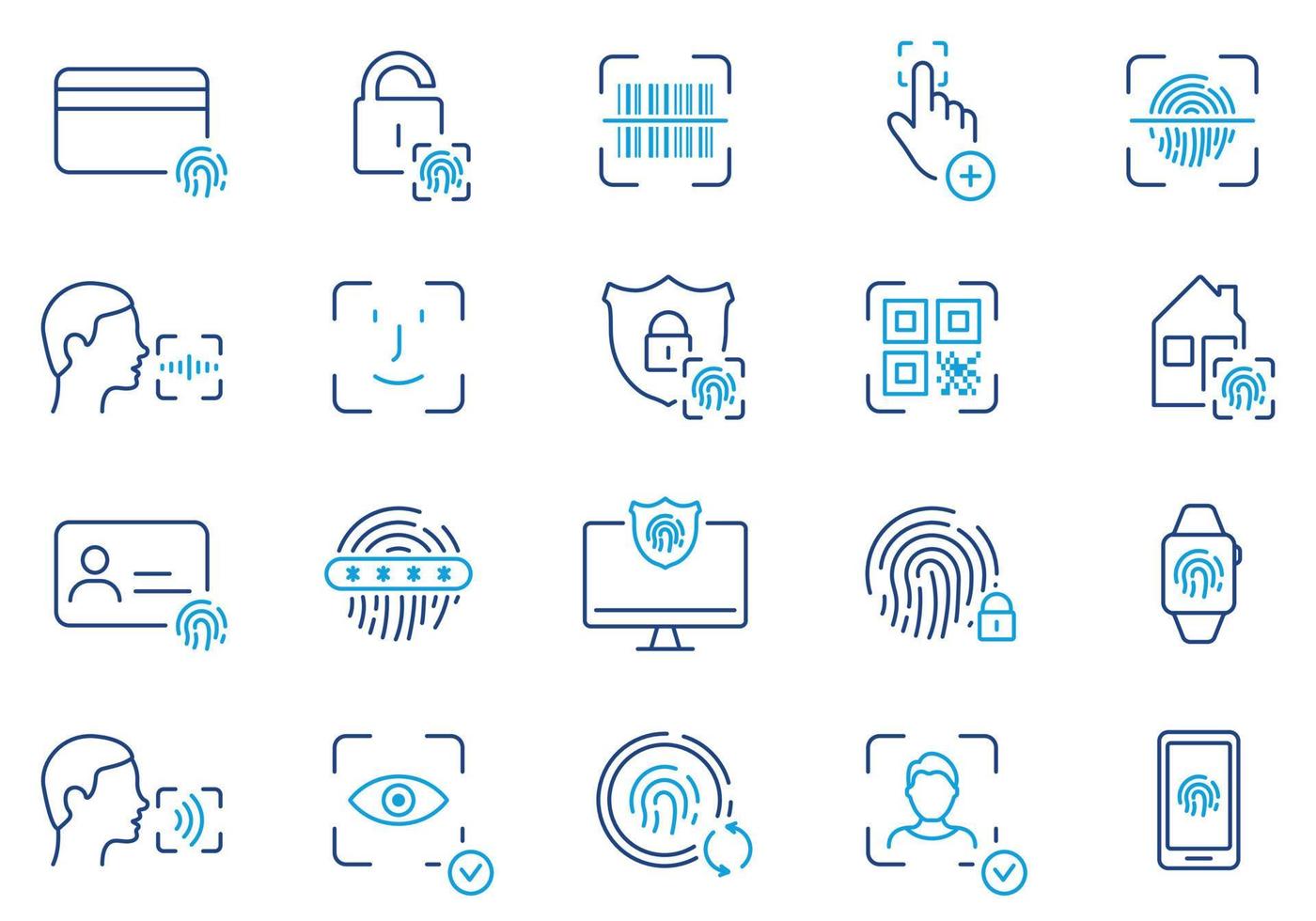 biometrico identificazione linea icona impostare. viso id, toccare id colore pittogrammi. impronta digitale, facciale identità parola d'ordine schema simbolo. sicurezza verifica. modificabile ictus. isolato vettore illustrazione.