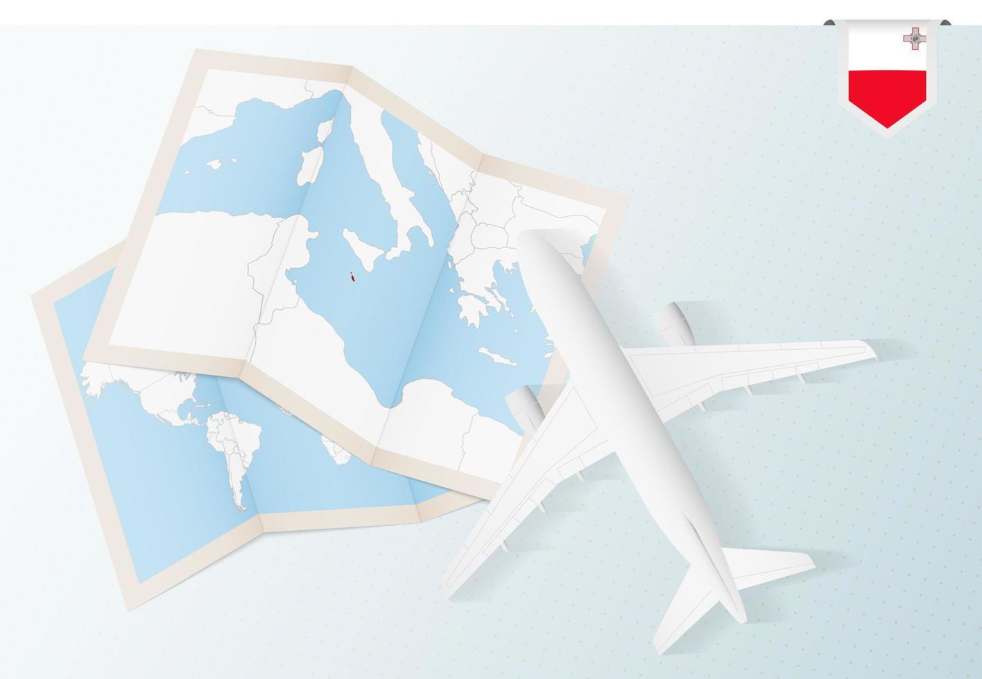 viaggio per Malta, superiore Visualizza aereo con carta geografica e bandiera di Malta. vettore