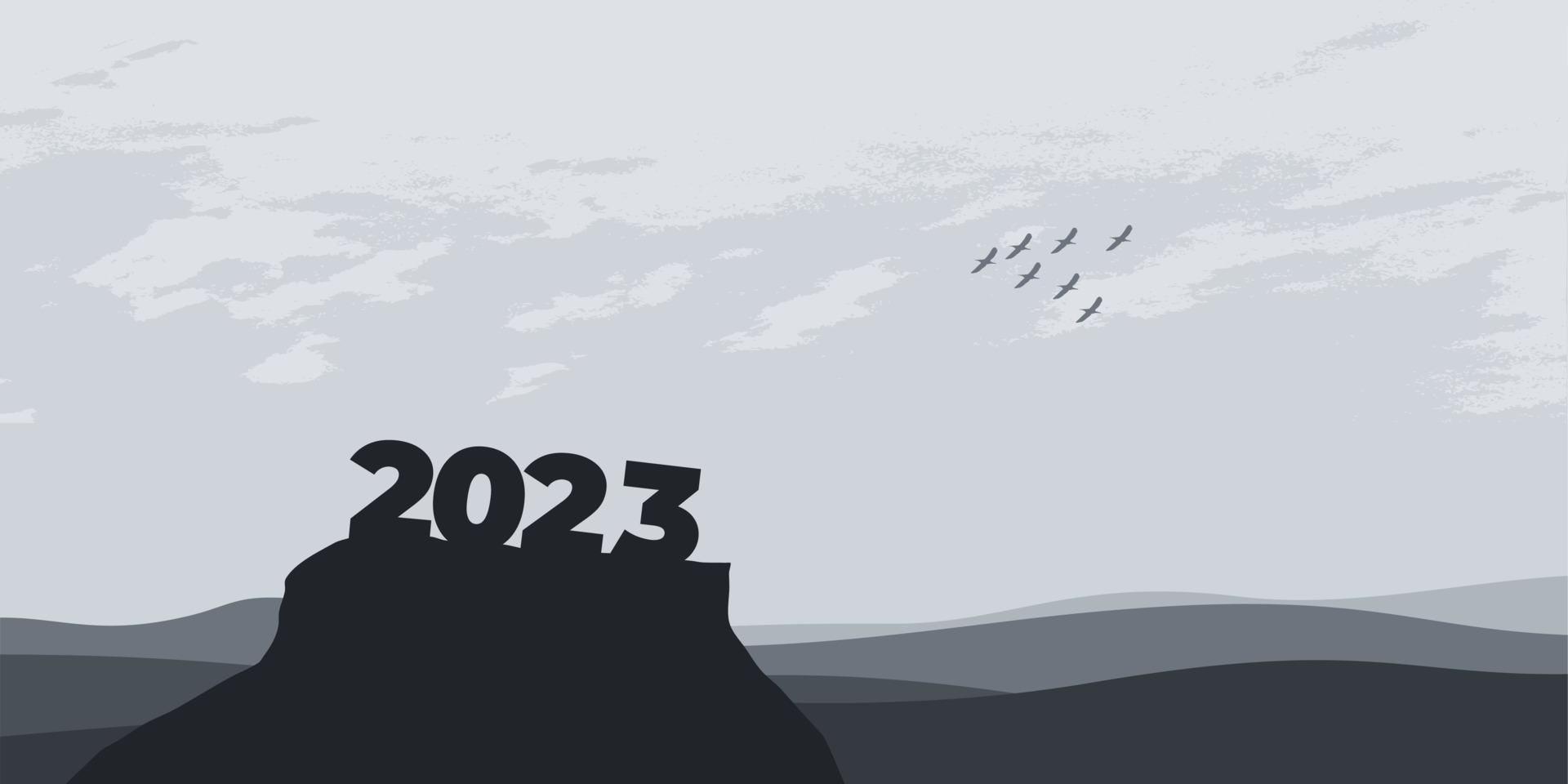 contento nuovo anno 2023 con grande silhouette lettere su il montagna con un' bellissimo tramonto per successo concetto. nuovo anno concetto vettore