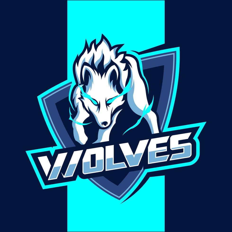 design del logo esport della mascotte dei lupi bianchi vettore