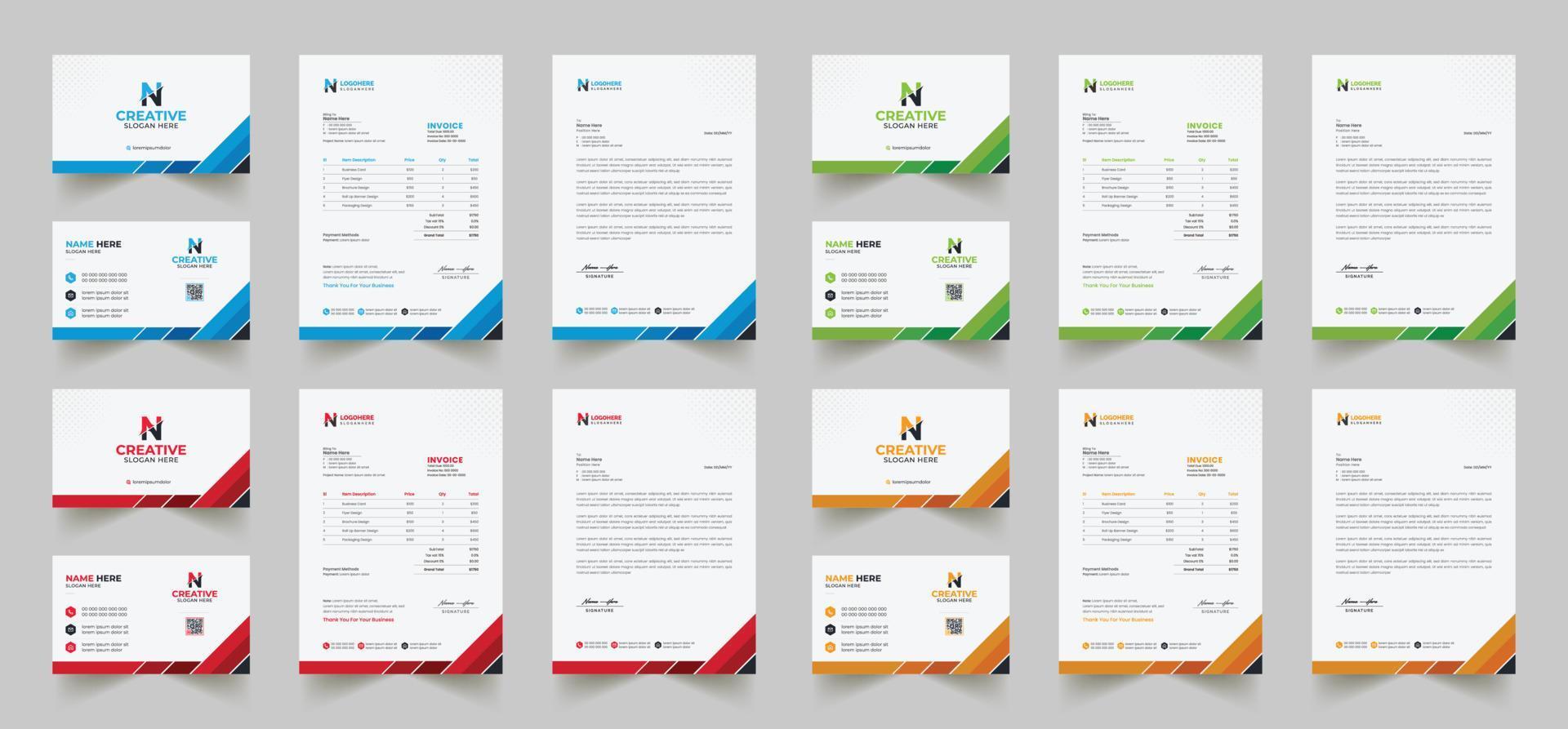 aziendale il branding identità design include attività commerciale carta, fatture, carta intestata disegni, e moderno Stazionario confezioni con astratto modelli vettore